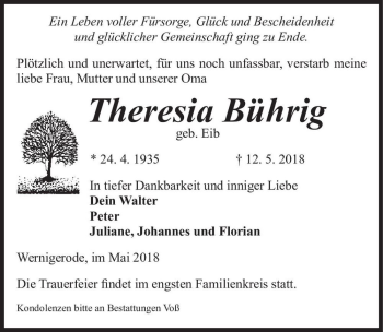 Traueranzeige von Theresia Bührig (geb. Eib)  von Magdeburger Volksstimme