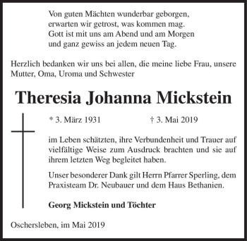 Traueranzeige von Theresia Johanna Mickstein  von Magdeburger Volksstimme