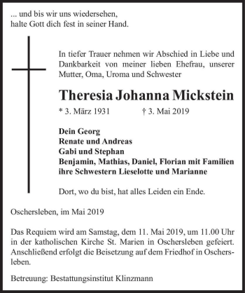 Traueranzeige von Theresia Johanna Mickstein  von Magdeburger Volksstimme
