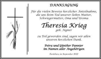 Traueranzeige von Theresia Krieg (geb. Aigner)  von Magdeburger Volksstimme