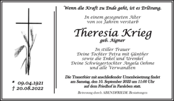 Traueranzeige von Theresia Krieg (geb. Aigner)  von Magdeburger Volksstimme
