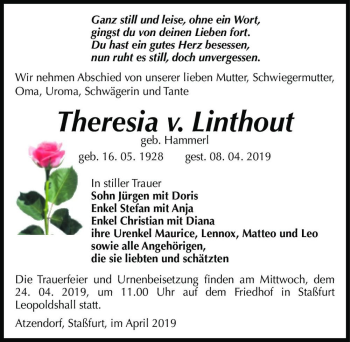 Traueranzeige von Theresia Lindhout (geb. Hammerl)  von Magdeburger Volksstimme