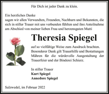 Traueranzeige von Theresia Spiegel  von Magdeburger Volksstimme
