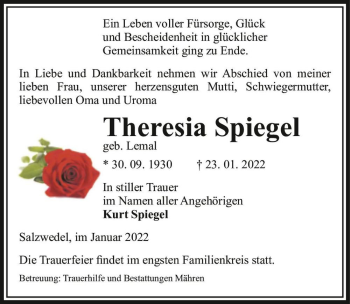 Traueranzeige von Theresia Spiegel (geb. Lemal)  von Magdeburger Volksstimme
