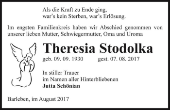 Traueranzeige von Theresia Stodolka  von Magdeburger Volksstimme