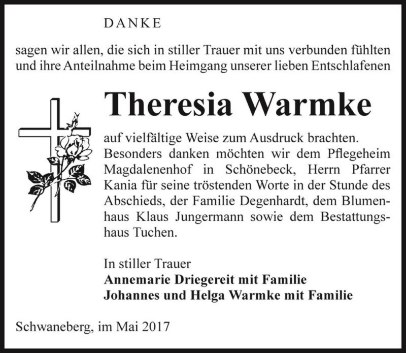  Traueranzeige für Theresia Warmke  vom 27.05.2017 aus Magdeburger Volksstimme