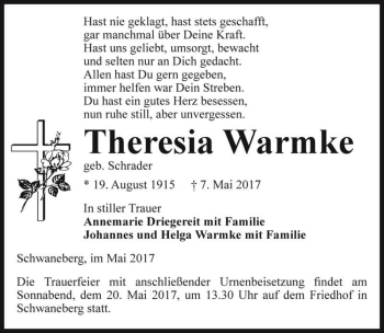 Traueranzeige von Theresia Warmke (geb. Schrader)  von Magdeburger Volksstimme
