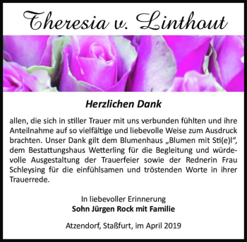 Traueranzeige von Theresia v. Linthout  von Magdeburger Volksstimme