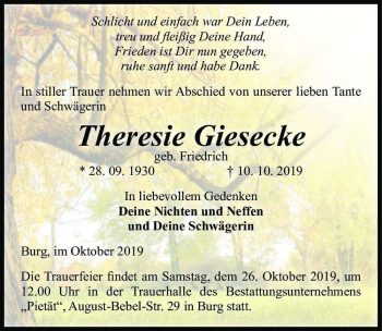 Traueranzeige von Theresie Giesecke (geb. Friedrich)  von Magdeburger Volksstimme