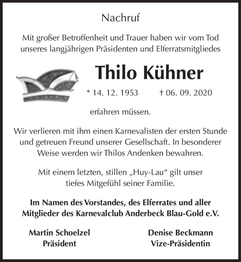  Traueranzeige für Thilo Kühner  vom 19.09.2020 aus Magdeburger Volksstimme