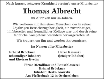 Traueranzeige von Thomas Albrecht  von Magdeburger Volksstimme
