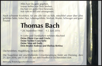 Traueranzeige von Thomas Bach  von Magdeburger Volksstimme