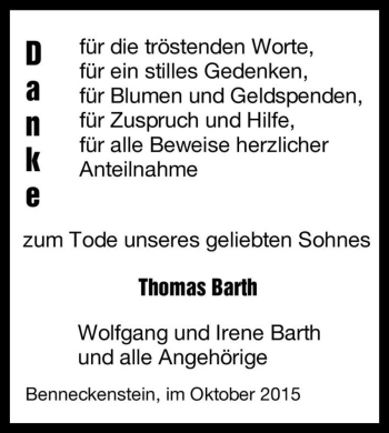 Traueranzeige von Thomas Barth  von Magdeburger Volksstimme