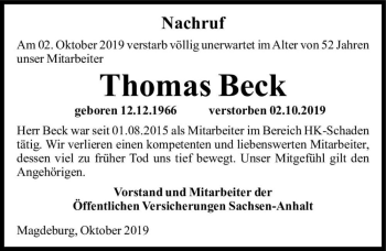 Traueranzeige von Thomas Beck  von Magdeburger Volksstimme