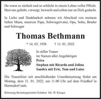 Traueranzeige von Thomas Bethmann  von Magdeburger Volksstimme