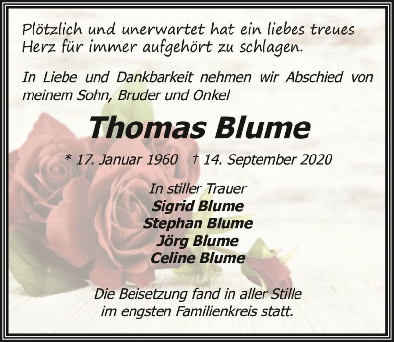  Traueranzeige für Thomas Blume  vom 10.10.2020 aus Magdeburger Volksstimme