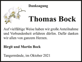 Traueranzeige von Thomas Bock  von Magdeburger Volksstimme