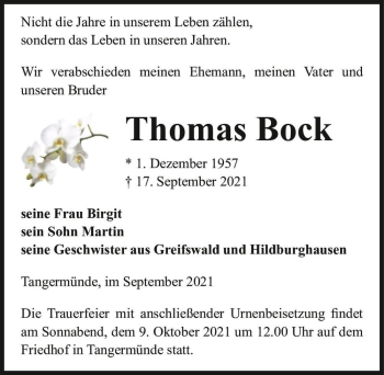 Traueranzeige von Thomas Bock  von Magdeburger Volksstimme