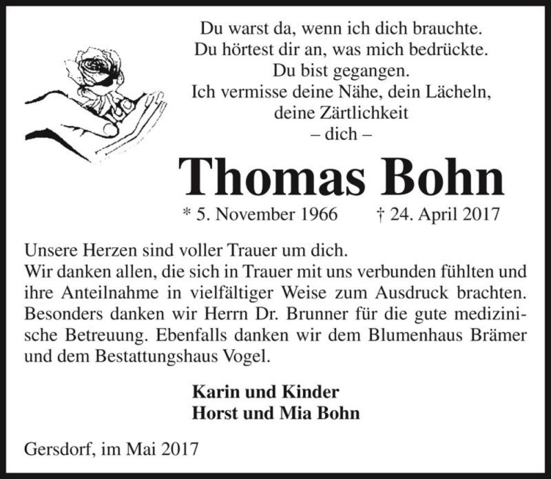  Traueranzeige für Thomas Bohn  vom 22.05.2017 aus Magdeburger Volksstimme