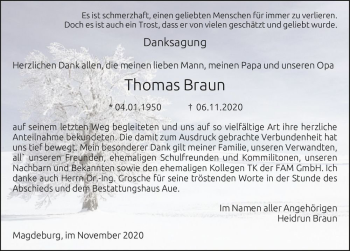 Traueranzeige von Thomas Braun  von Magdeburger Volksstimme