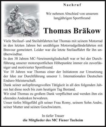 Traueranzeige von Thomas Bräkow  von Magdeburger Volksstimme