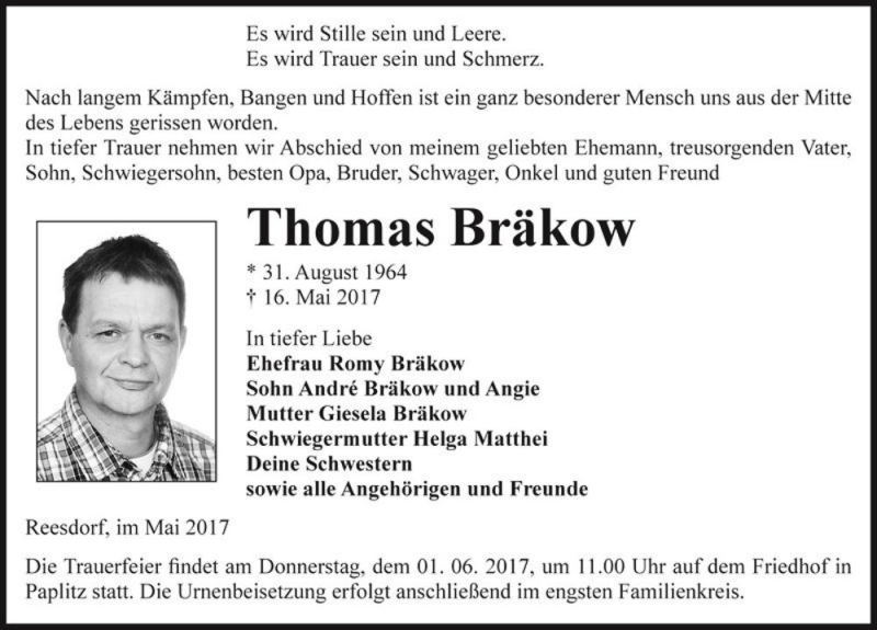  Traueranzeige für Thomas Bräkow  vom 20.05.2017 aus Magdeburger Volksstimme