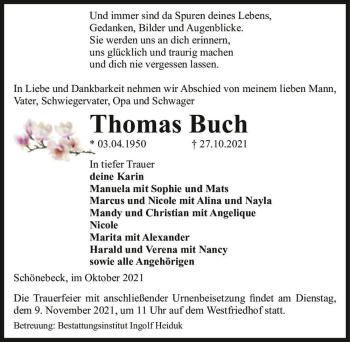 Traueranzeige von Thomas Buch  von Magdeburger Volksstimme