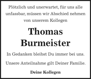 Traueranzeige von Thomas Burmeister  von Magdeburger Volksstimme