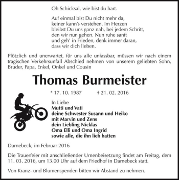Traueranzeige von Thomas Burmeister  von Magdeburger Volksstimme