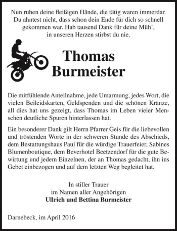 Traueranzeige von Thomas Burmeister  von Magdeburger Volksstimme
