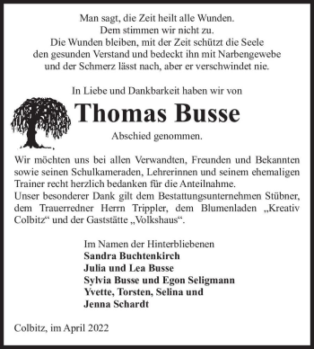 Traueranzeige von Thomas Busse  von Magdeburger Volksstimme