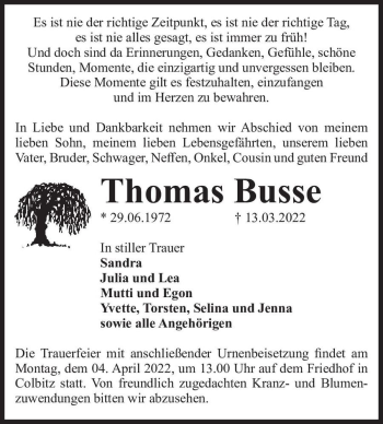 Traueranzeige von Thomas Busse  von Magdeburger Volksstimme