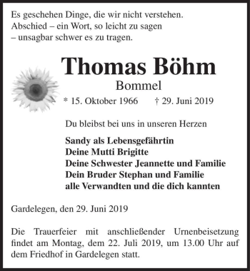 Traueranzeige von Thomas Böhm (Bommel)  von Magdeburger Volksstimme