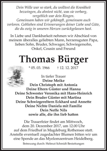 Traueranzeige von Thomas Bürger  von Magdeburger Volksstimme
