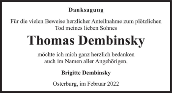 Traueranzeige von Thomas Dembinsky  von Magdeburger Volksstimme