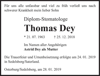 Traueranzeige von Thomas Dey  von Magdeburger Volksstimme