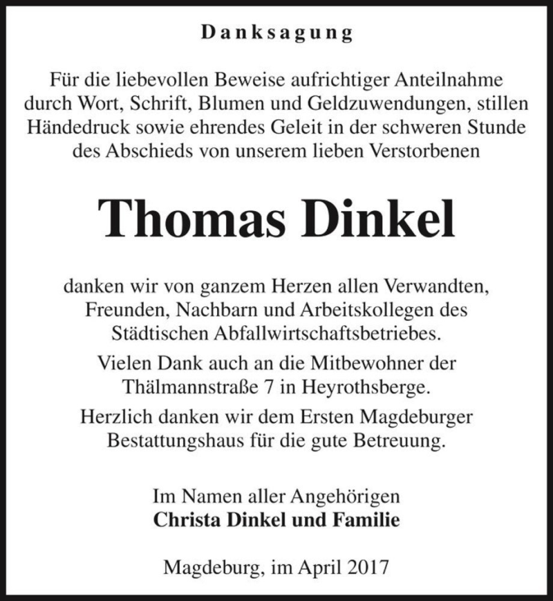  Traueranzeige für Thomas Dinkel  vom 08.04.2017 aus Magdeburger Volksstimme