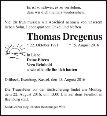 Traueranzeige von Thomas Dregenus  von Magdeburger Volksstimme