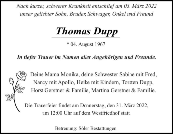 Traueranzeige von Thomas Dupp  von Magdeburger Volksstimme