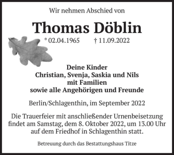 Traueranzeige von Thomas Döblin  von Magdeburger Volksstimme