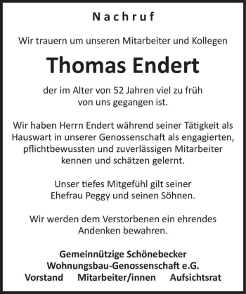 Traueranzeige von Thomas Endert  von Magdeburger Volksstimme