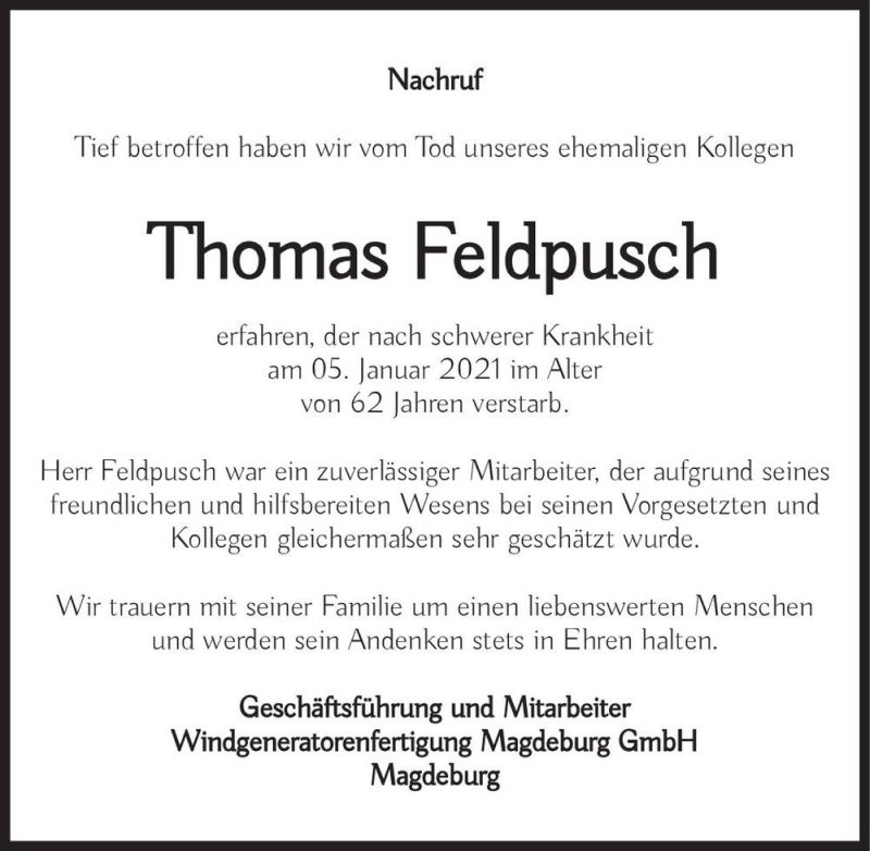  Traueranzeige für Thomas Feldpusch  vom 23.01.2021 aus Magdeburger Volksstimme