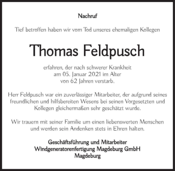 Traueranzeige von Thomas Feldpusch  von Magdeburger Volksstimme