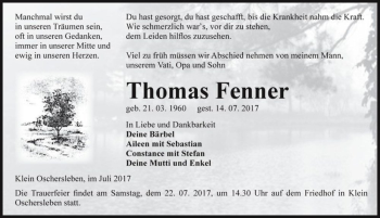 Traueranzeige von Thomas Fenner  von Magdeburger Volksstimme