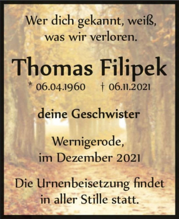 Traueranzeige von Thomas Filipek  von Magdeburger Volksstimme