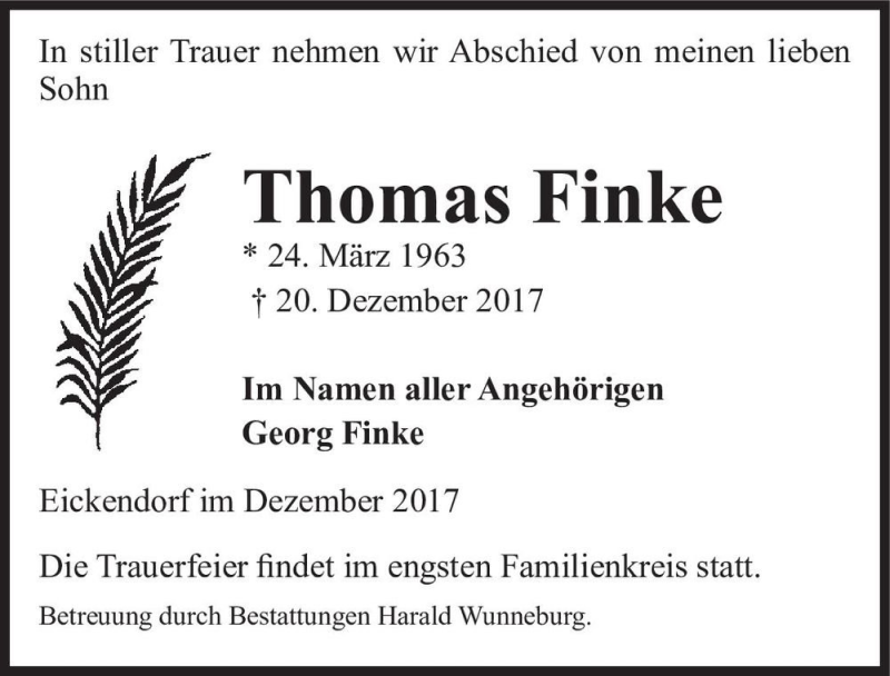  Traueranzeige für Thomas Finke  vom 23.12.2017 aus Magdeburger Volksstimme