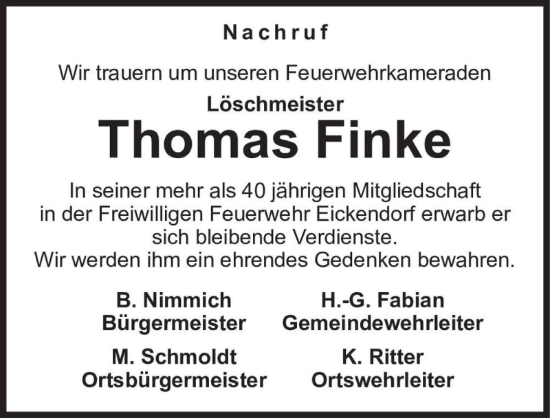  Traueranzeige für Thomas Finke  vom 13.01.2018 aus Magdeburger Volksstimme