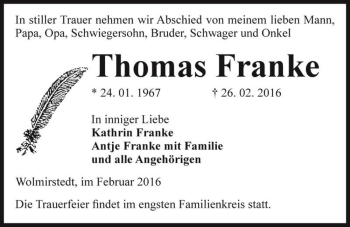 Traueranzeige von Thomas Franke  von Magdeburger Volksstimme