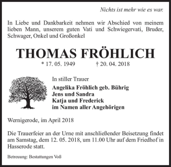 Traueranzeige von Thomas Fröhlich  von Magdeburger Volksstimme
