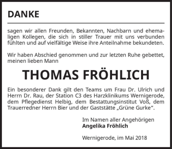 Traueranzeige von Thomas Fröhlich  von Magdeburger Volksstimme